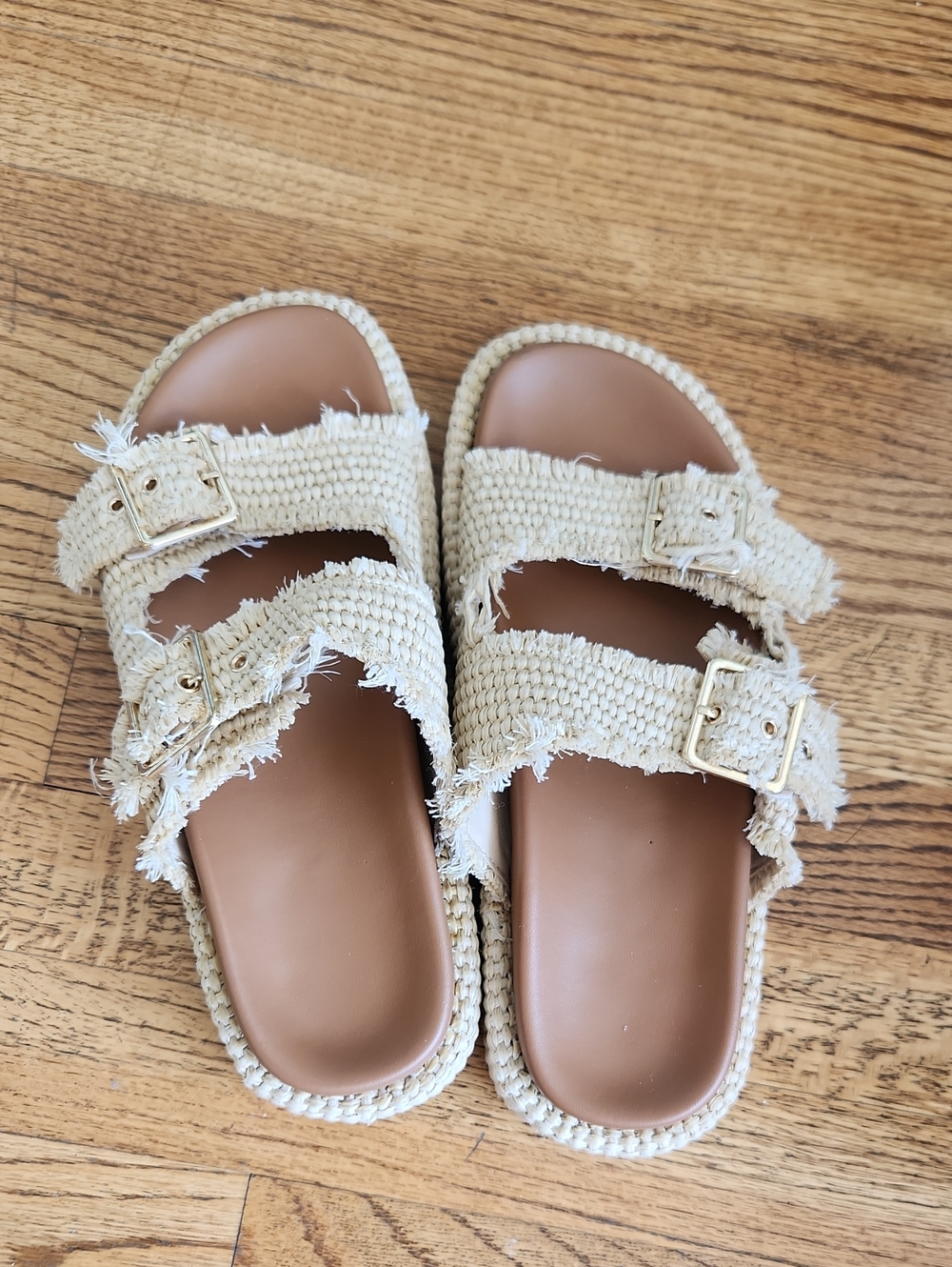 Beige Straw Double-Buckle Slide Sandals